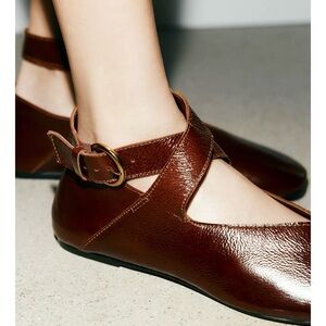 Zara Brown Leather Flats with Ankle Strap